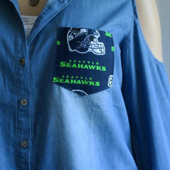 Jacket Top Seahawks Peekaboo Woman's New Embellished Denim Shirt - Picture 9 of 9